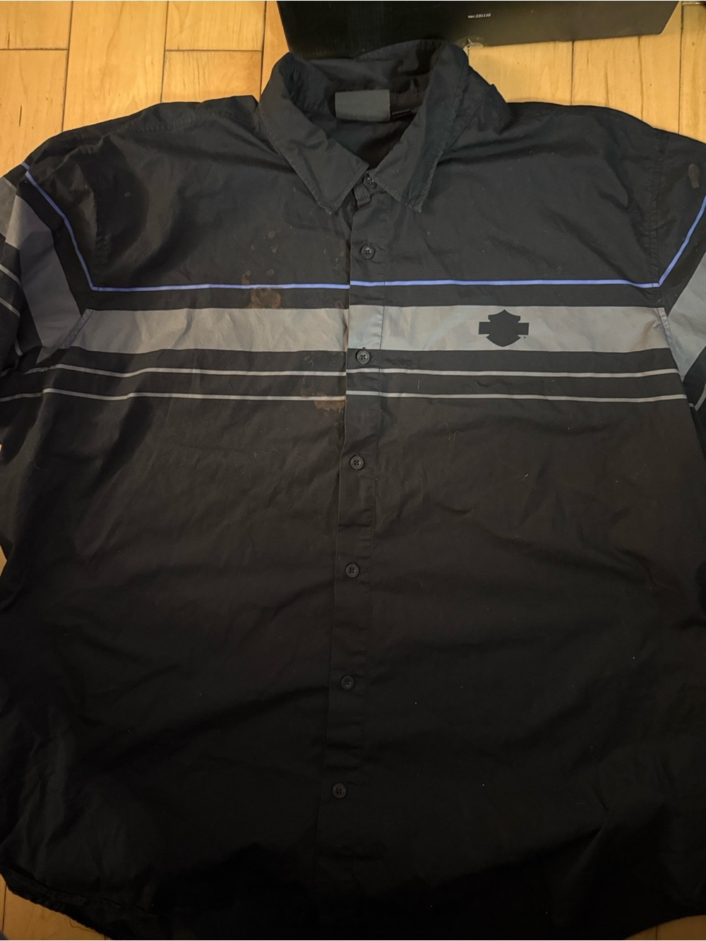 Harley-Davidson Black Button-Down Shirt with Gray and Blue Stripes